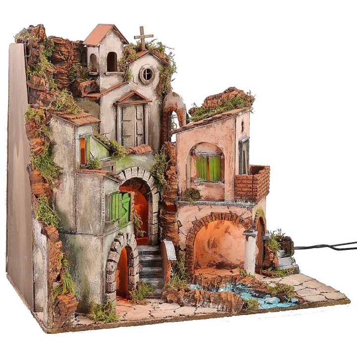 Neapolitan village illuminated with 18th-century style mill cm 60x40.5x64