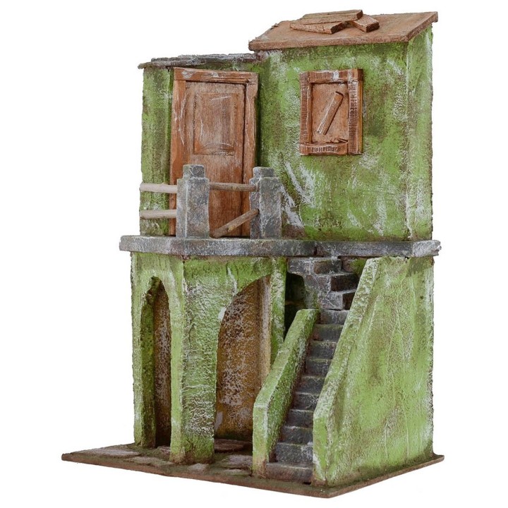 Casa con scalinata e bottega cm 19,5x14,5x29 h per statue da 10