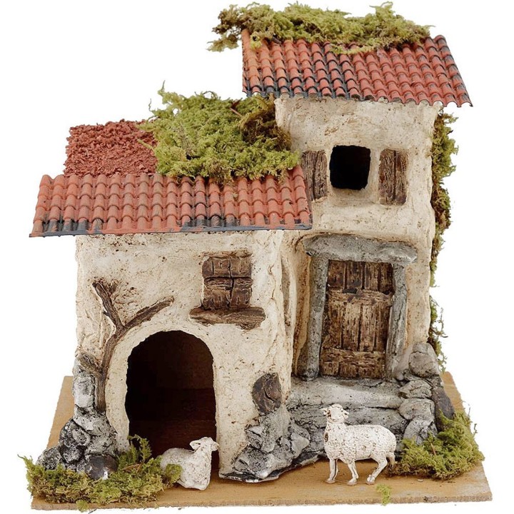 Casa rustica con pecore cm 24x19x22 h.