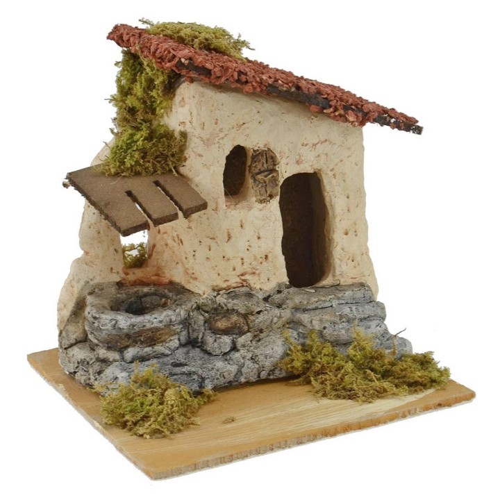 Casa in resina con scala e pozzo per presepe cm 15x15,5x15 h