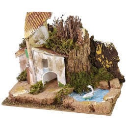 Gruppo di casette con stagno per presepe cm 15x10,5