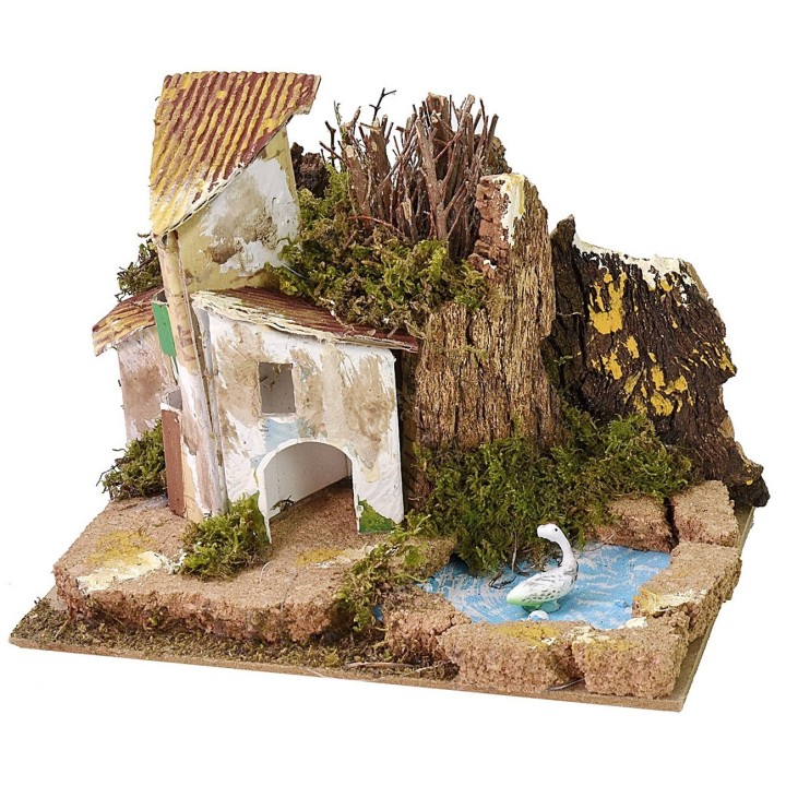 Gruppo di casette con stagno per presepe cm 15x10,5