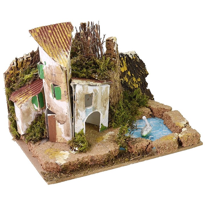 Group of houses with pond for creche 15x10.5 cm