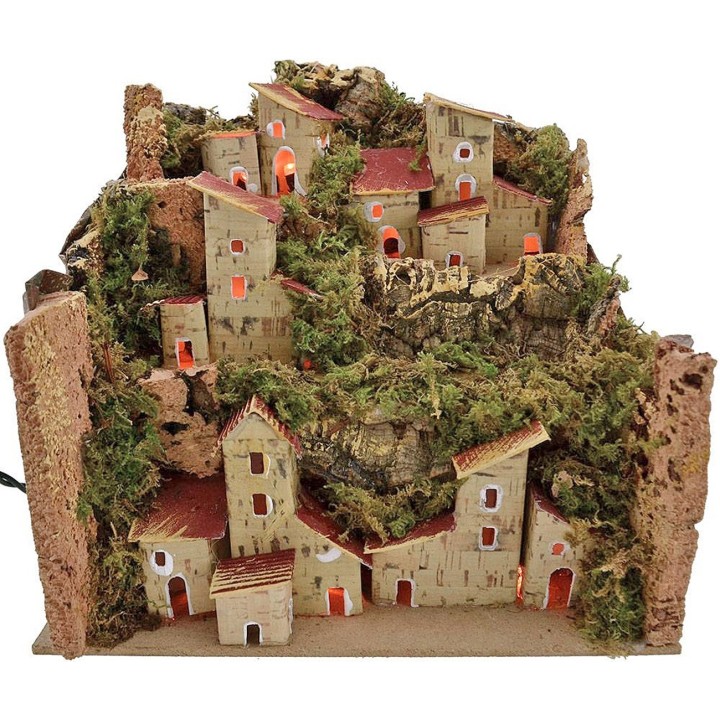 Nativity scene landscape with houses illuminated by LED lights