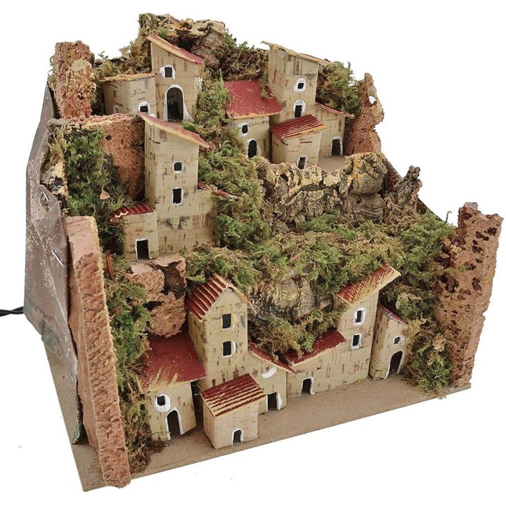 Nativity scene landscape with houses illuminated by LED lights
