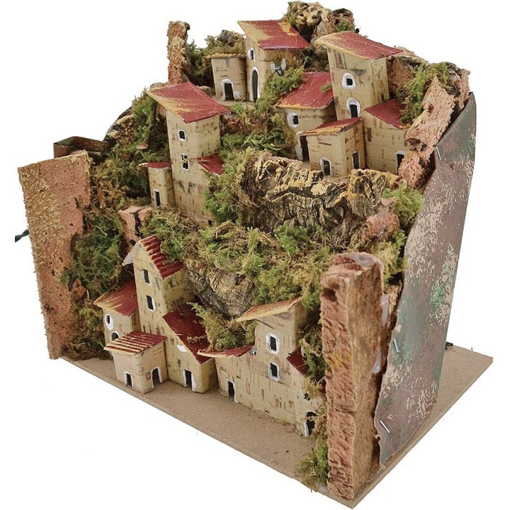 Nativity scene landscape with houses illuminated by LED lights