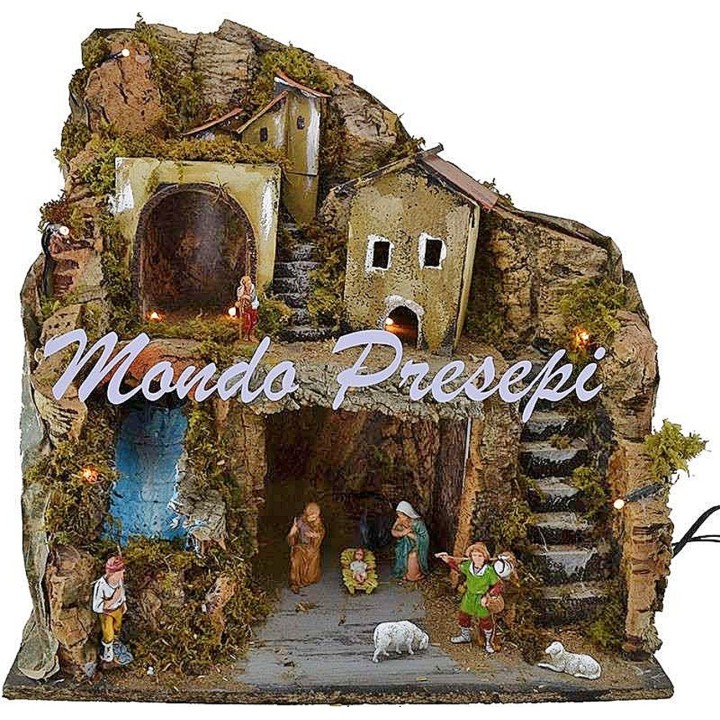 Presepe con statue Landi e ruscello luci cm 42x35x38 h.