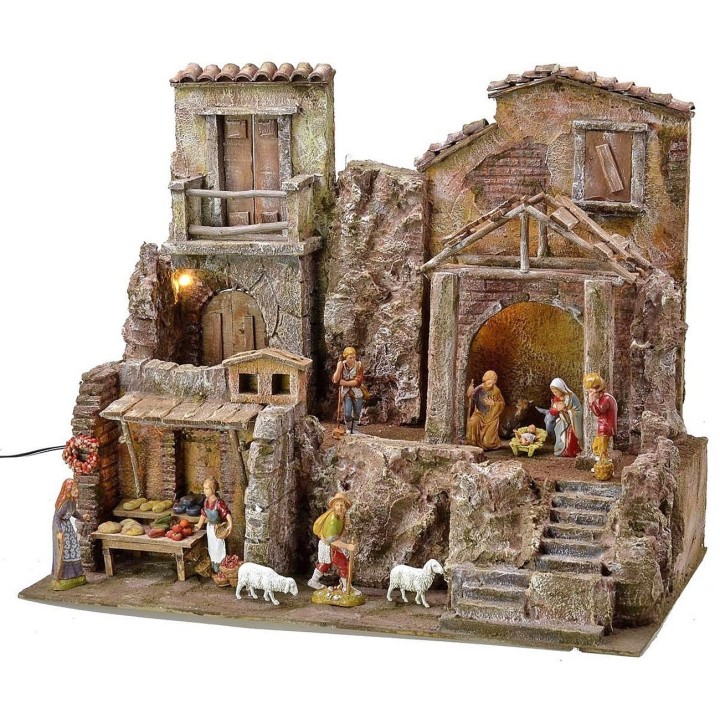 Presepe illuminato completo di statue Landi con case e botteghe