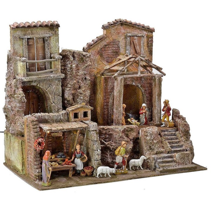 Presepe illuminato completo di statue Landi con case e botteghe