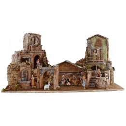 Belén iluminado completo con estatuas Landi con casas y fuente