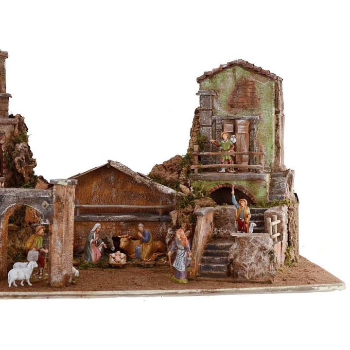 Presepe illuminato completo di statue Landi con case e fontana