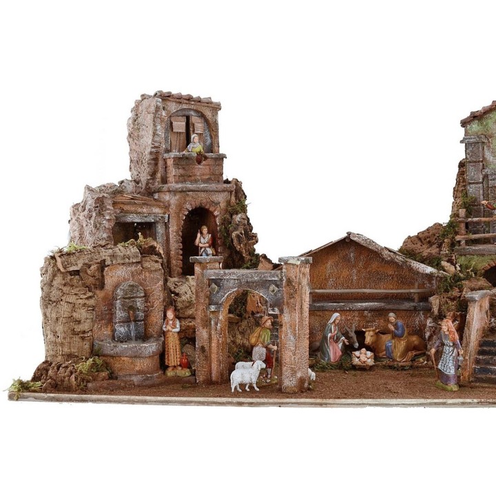 Presepe illuminato completo di statue Landi con case e fontana