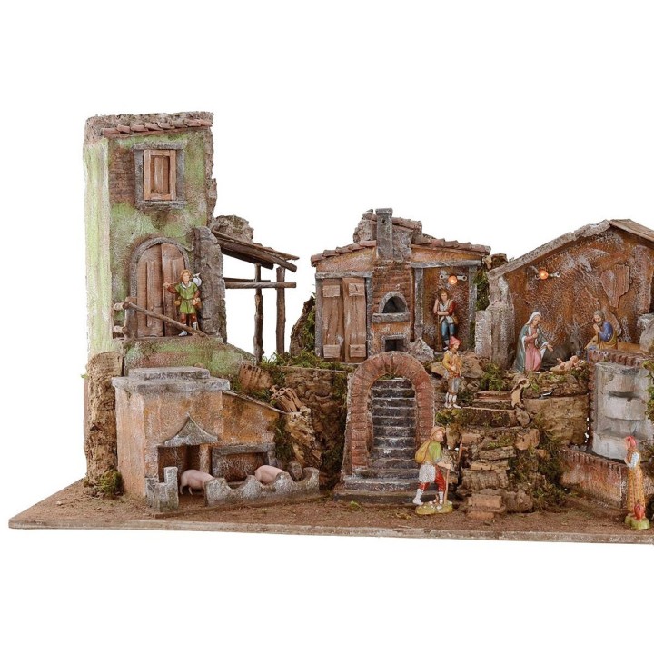 Presepe illuminato completo di staue Landi con paesaggio e