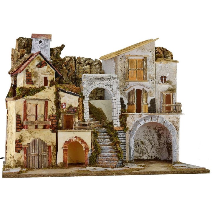 Pesebre iluminado con pueblo y cueva cm 60x34x45 h