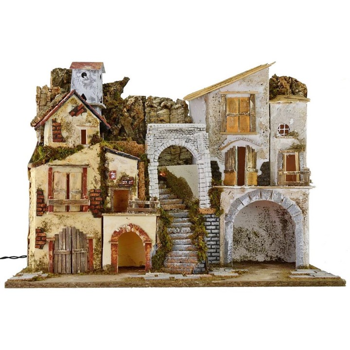 Illuminated nativity scene with village and cave cm 60x34x45 h