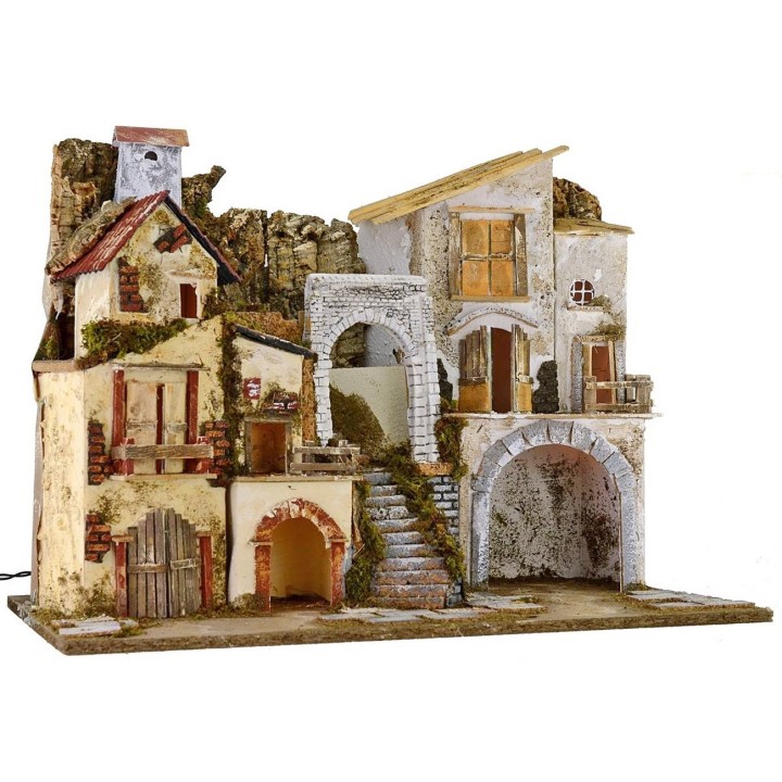 Presepe illuminato con borgo e grotta cm 60x34x45 h