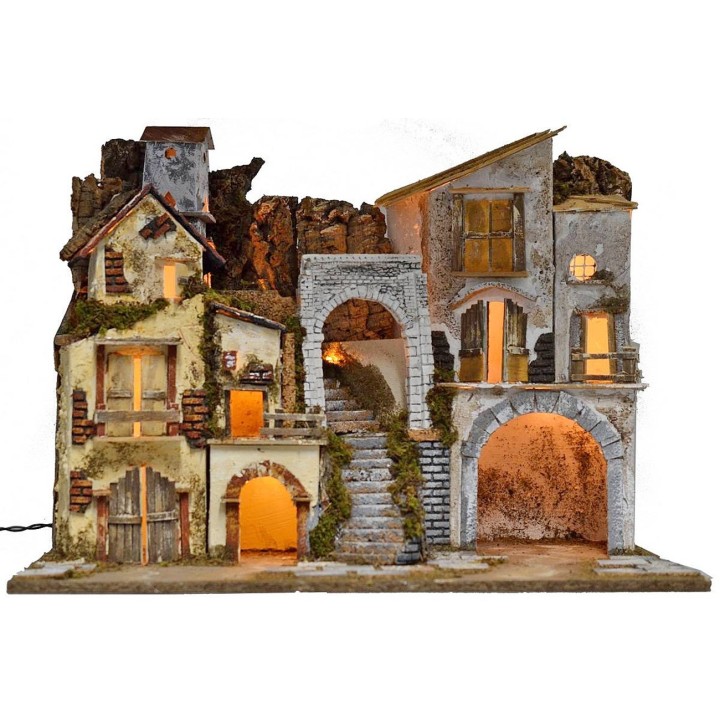 Presepe illuminato con borgo e grotta cm 60x34x45 h