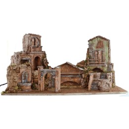 Illuminated nativity scene with houses and working fountain cm 80x40x41 h