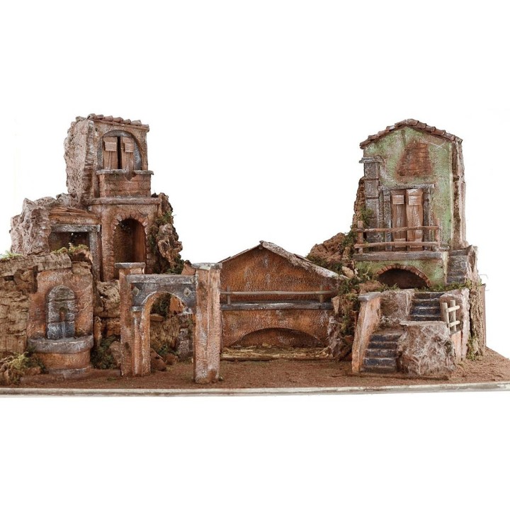 Pesebre iluminado con casas y fuente funcional cm 80x40x41 h