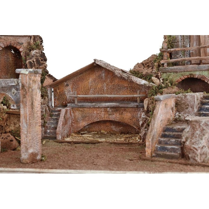 Pesebre iluminado con casas y fuente funcional cm 80x40x41 h