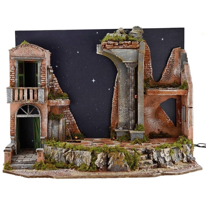 Presepe illuminato con cielo stellato a fibre ottiche, fontana