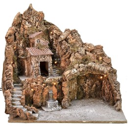 Presepe illuminato con fontana funzionante e paesaggio cm