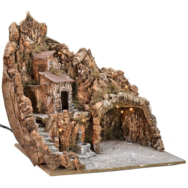 Presepe illuminato con fontana funzionante e paesaggio cm