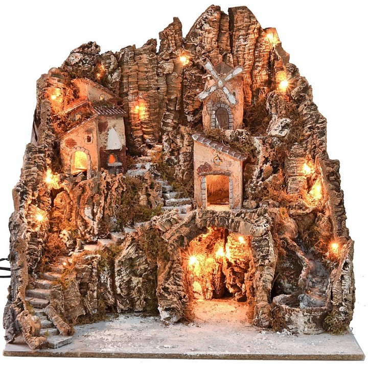 Presepe illuminato con mulino a vento, cascata e forno
