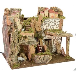 Illuminated nativity scene set with water mill