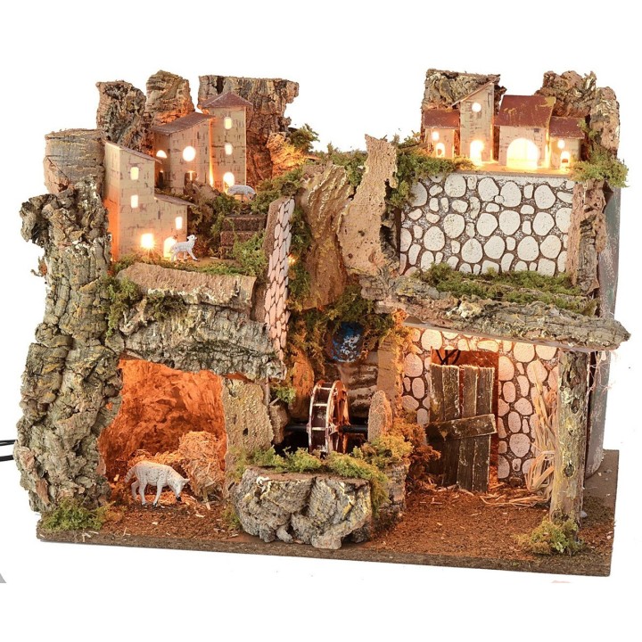 Escenografía para belén iluminada con molino de agua