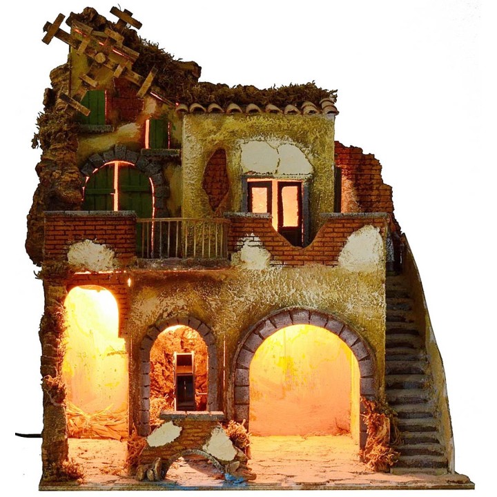 Borgo illuminato con mulino ad acqua ed a vento funzionanti cm