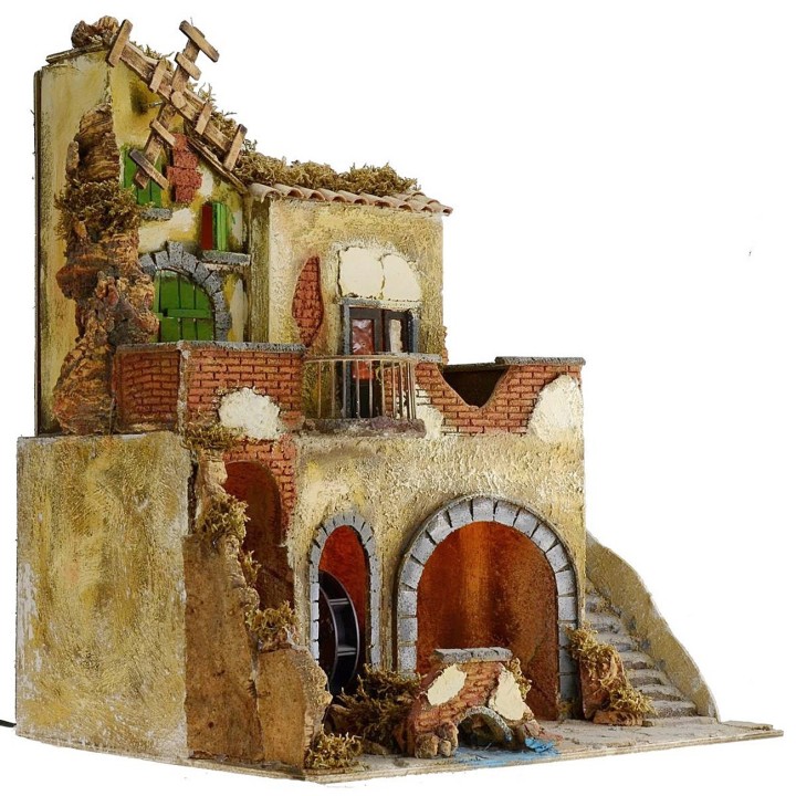 Illuminated village with working water mill and windmill cm