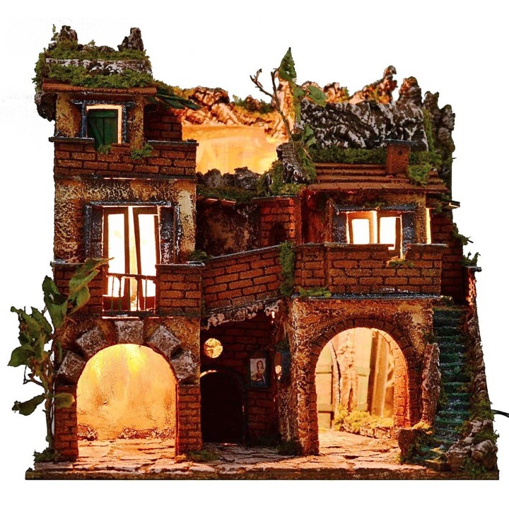 Illuminated village with depth effect mirror cm 50x39.5x53 h