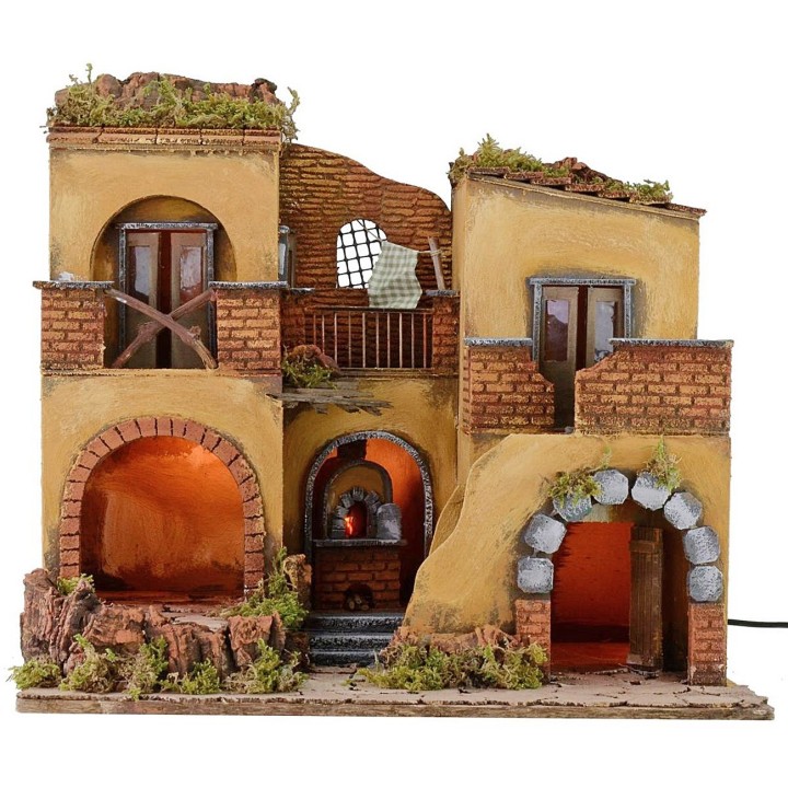 Borgo presepe illuminato con fuoco funzionante cm 50,5x40,5x46 h