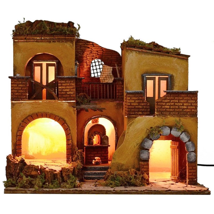 Illuminated nativity village with working fire cm 50.5x40.5x46 h