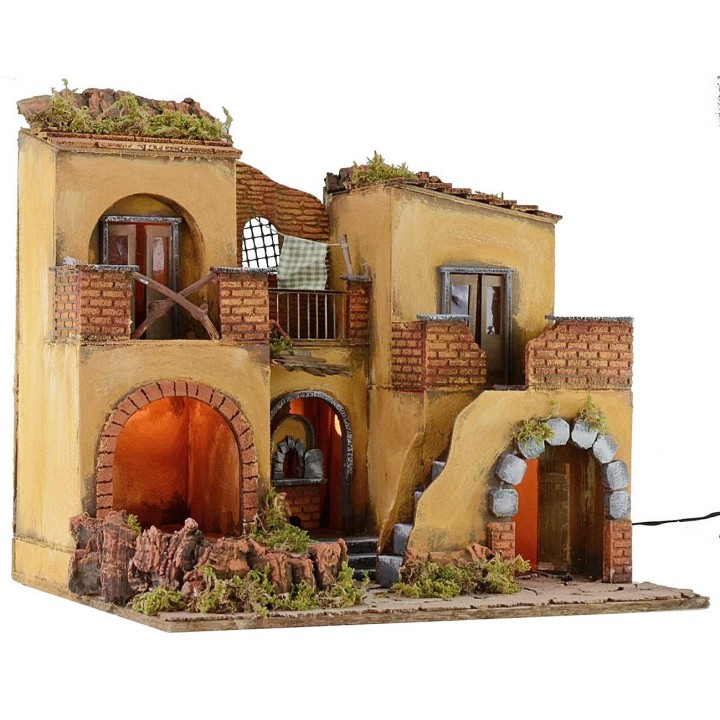 Illuminated nativity village with working fire cm 50.5x40.5x46 h