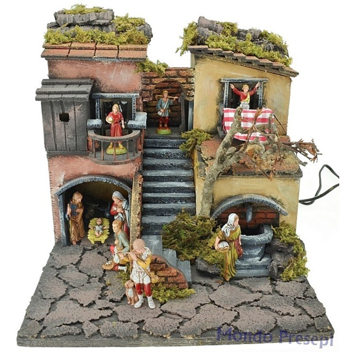 Presepe cm 30x30 con statue illuminato con fontana funzionante