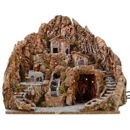 Presepe cm 52x55x48 h con cascata, asino con macina e luci