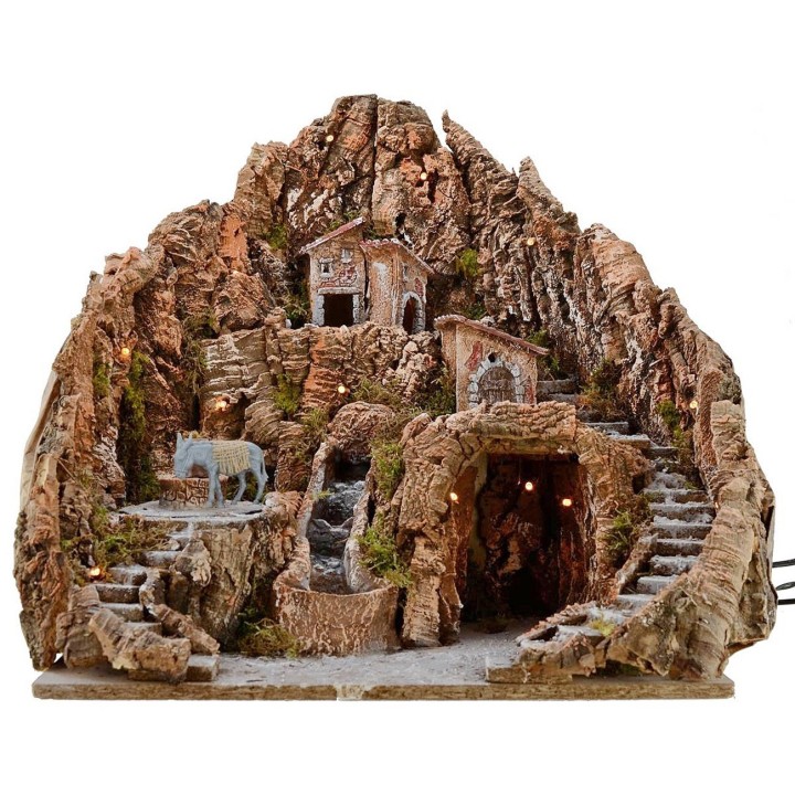 Nativity scene cm 52x55x48 h with waterfall, donkey with millstone, and lights
