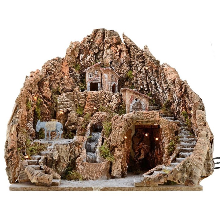 Presepe cm 52x55x48 h con cascata, asino con macina e luci