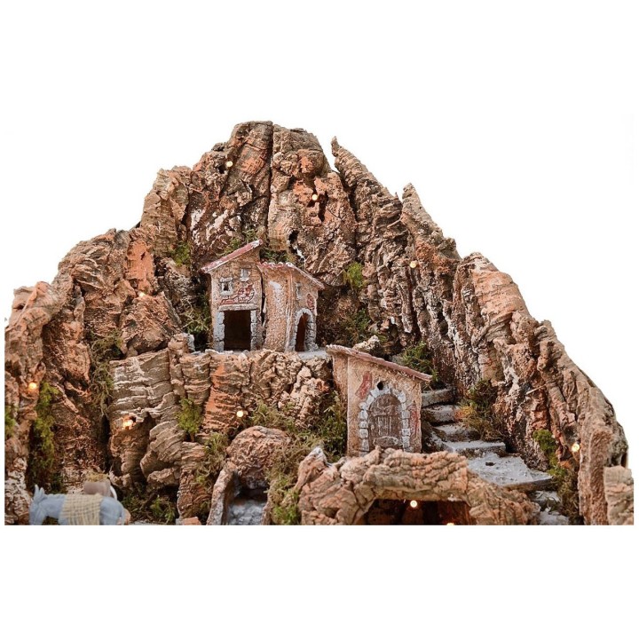 Presepe cm 52x55x48 h con cascata, asino con macina e luci