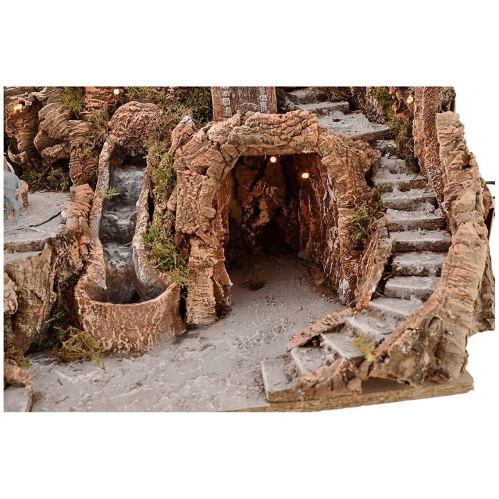 Presepe cm 52x55x48 h con cascata, asino con macina e luci