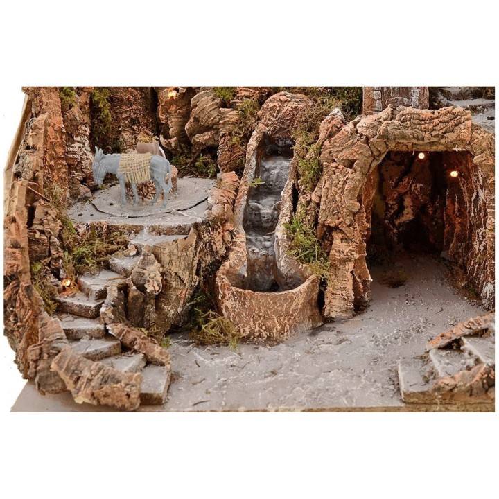 Nativity scene cm 52x55x48 h with waterfall, donkey with millstone, and lights