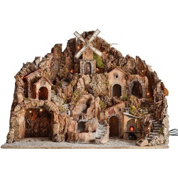 Presepe con mulino, cascata, fuco e luci funzionanti cm