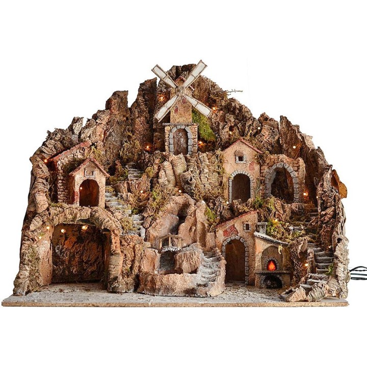 Presepe con mulino, cascata, fuco e luci funzionanti cm