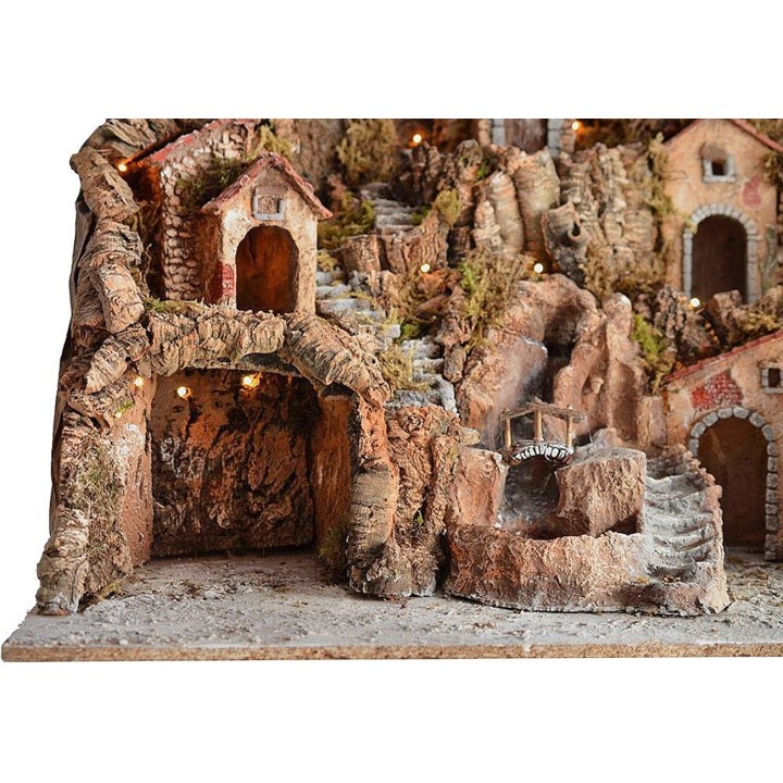 Presepe con mulino, cascata, fuco e luci funzionanti cm