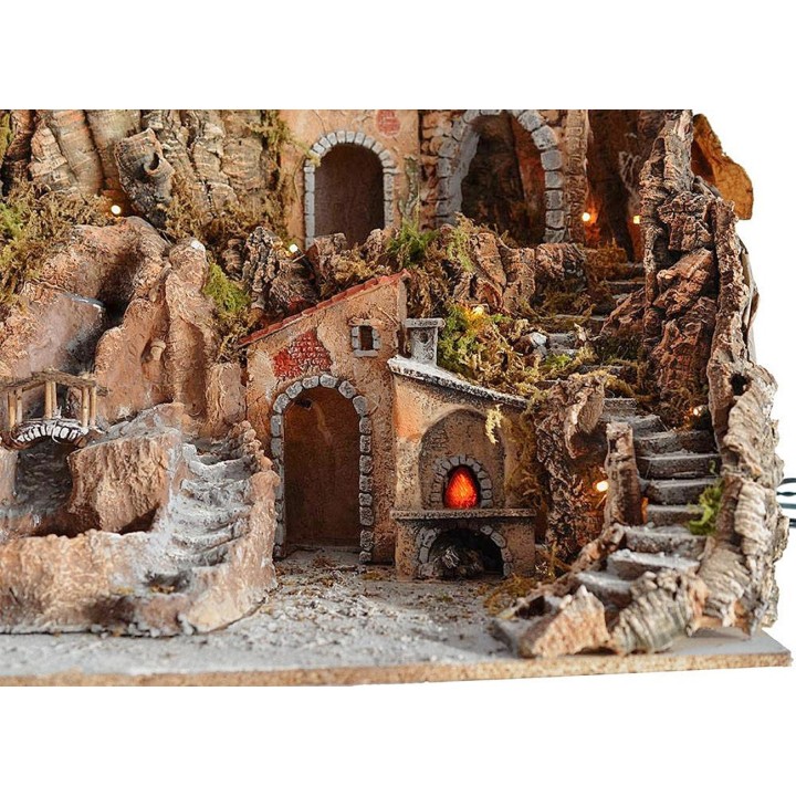 Nativity scene with mill, waterfall, fire and functioning lights cm
