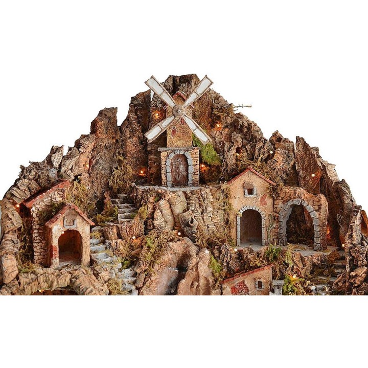 Presepe con mulino, cascata, fuco e luci funzionanti cm