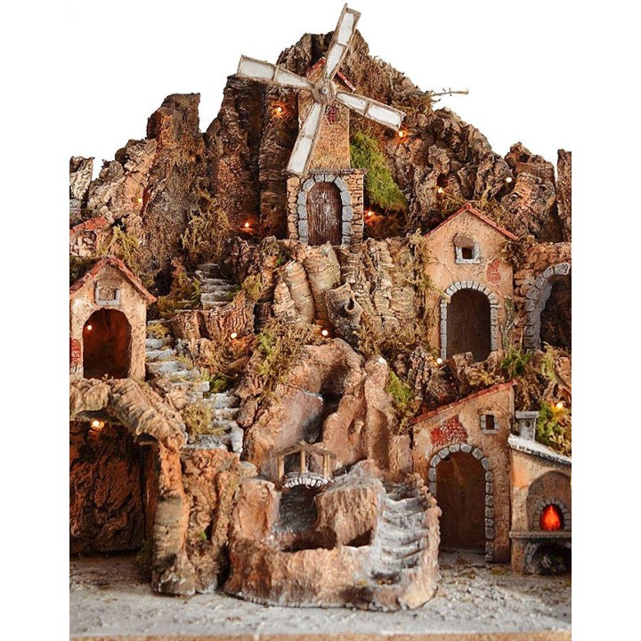 Presepe con mulino, cascata, fuco e luci funzionanti cm