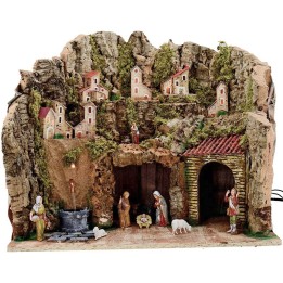 Presepe completo con statue Landi 8 cm Fontana e luci cm